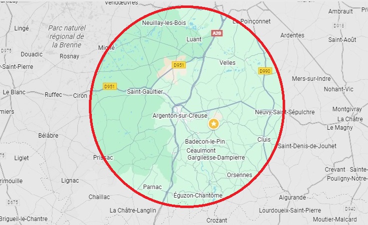 Zone d'intervention autour d'Argenton-sur-Creuse